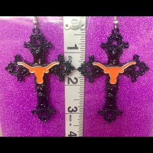 Flowered cross black Texas Longhorn earrings